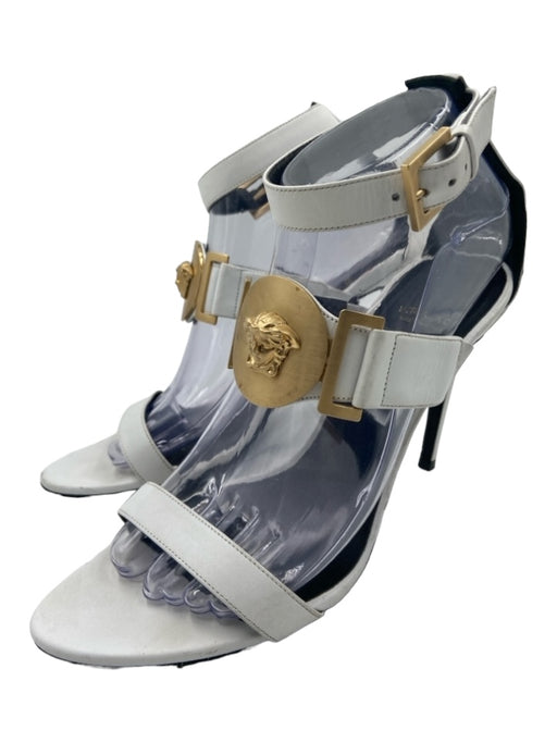Versace Shoe Size 38.5 Black & White Leather open toe Ankle Strap Logo Pumps Black & White / 38.5