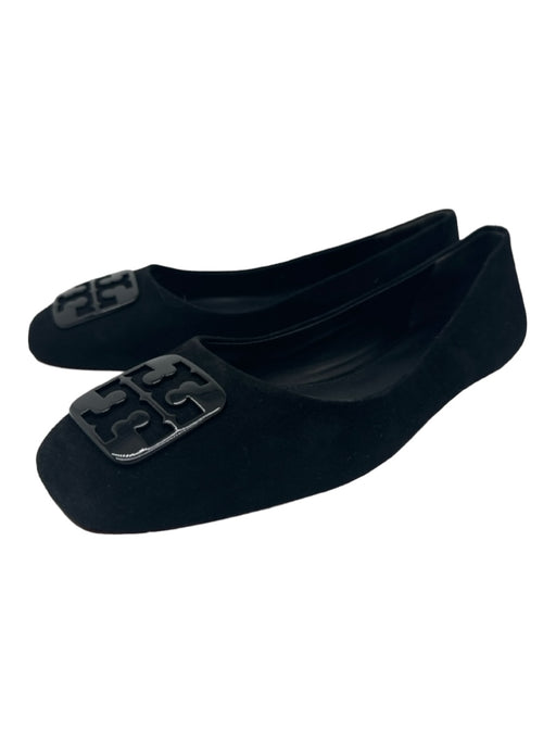 Tory Burch Shoe Size 7.5 Black Suede Metal Logo Square Toe Black Hardware Flats Black / 7.5
