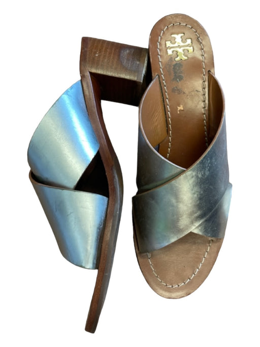 Tory Burch Shoe Size 9 Silver & Brown Leather Metallic Block Heel Sandals Silver & Brown / 9