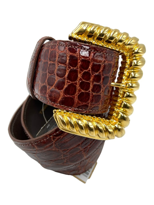 Kleinberg Sherrill Brown Croc Wide Gold Buckle Textured Belts Brown / S