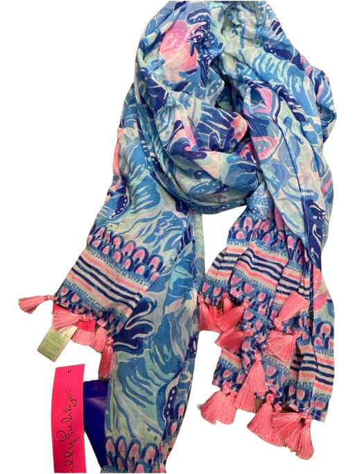 Lilly Pulitzer Blue & Pink Cotton Tassle Detail Abstract Rectangle Wrap scarf Blue & Pink / L