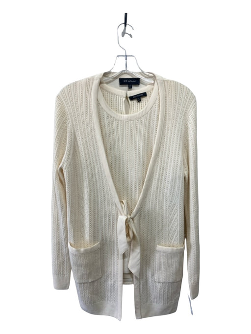 St. John Size M Cream Wool Knit Pointelle Tie Front 2 Piece Sweater Set Cream / M