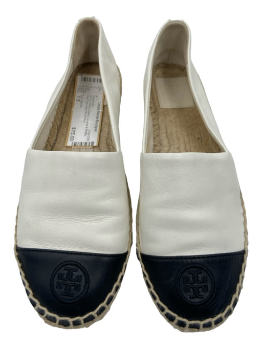 Tory Burch Shoe Size 7.5 White & Black Leather & Raffia Cap Toe Flats Espadrille White & Black / 7.5