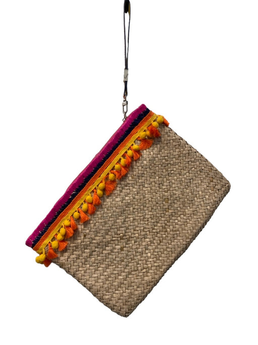 Trina Turk Beige Multi embroidered Embellished Pom Pom Tassel Clutch Bag Beige Multi