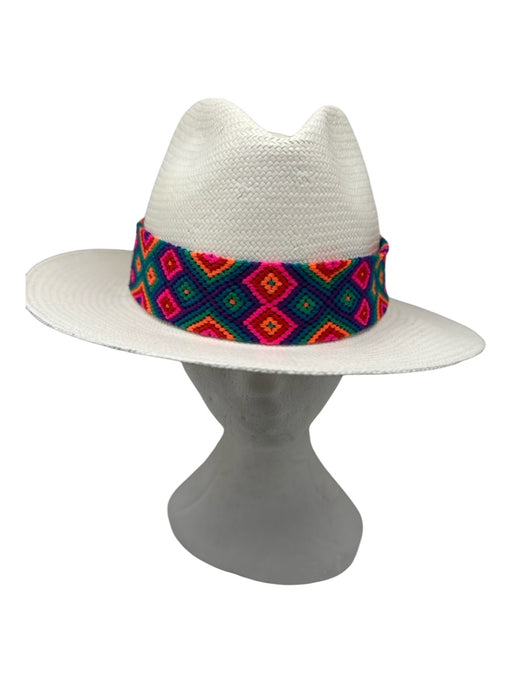Eclectic Array White & Multi Palm Straw Woven Knit Detail Hat White & Multi