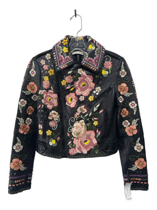 Alice + Olivia Size XS Black & Multi Leather Floral Embroidered Beaded Jacket Black & Multi / XS