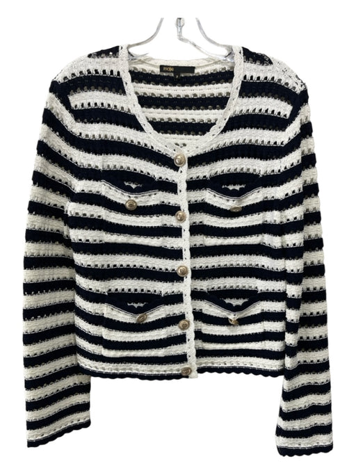 Maje Size 2 White & Navy Viscose & Polyamide Striped Button Front Sweater White & Navy / 2