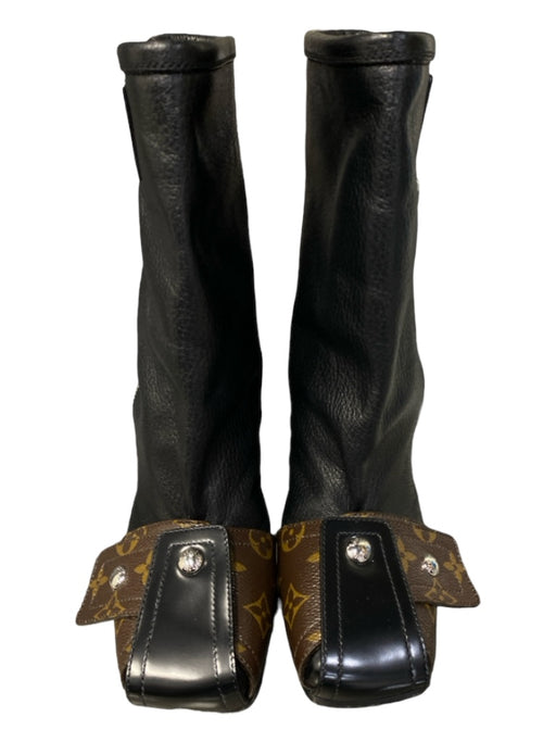 Louis Viuton Shoe Size 37.5 Black & Brown Leather Square Toe Snap Detail Boots Black & Brown / 37.5