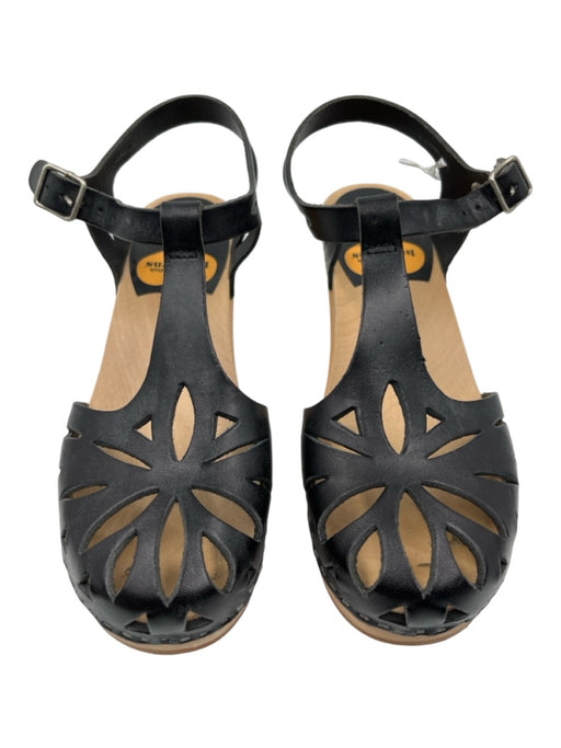 Toffel Shoe Size 35 Black Leather Laser Cut Ankle Strap Wood Sole Pumps Black / 35