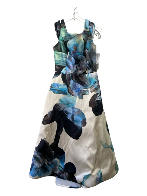 Amsale Size 10 Cream, Black & Blue Polyester Cap Sleeve Abstract Floral Gown Cream, Black & Blue / 10