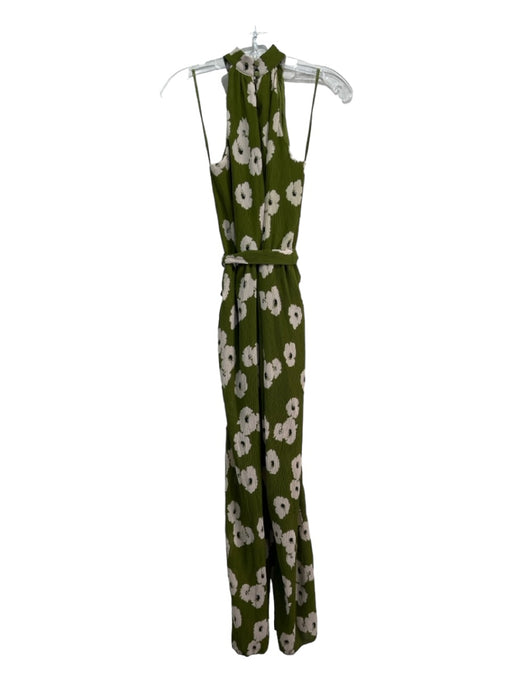 Monteau Size S Green & White Polyester Floral Pleated High Tie Neck Jumpsuit Green & White / S