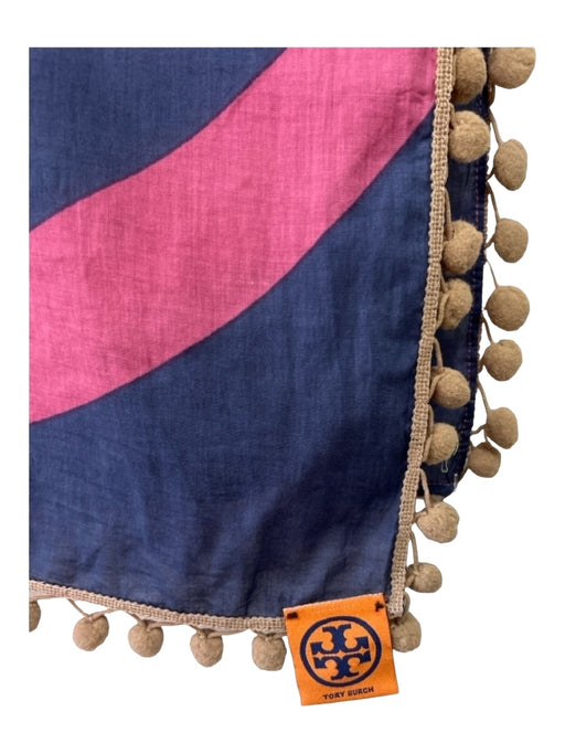 Tory Burch Navy Blue, Pink, Taupe Cotton Pom Pom Logo Rectangle scarf Navy Blue, Pink, Taupe