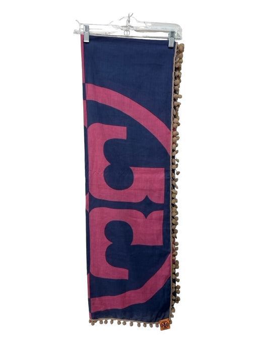 Tory Burch Navy Blue, Pink, Taupe Cotton Pom Pom Logo Rectangle scarf Navy Blue, Pink, Taupe