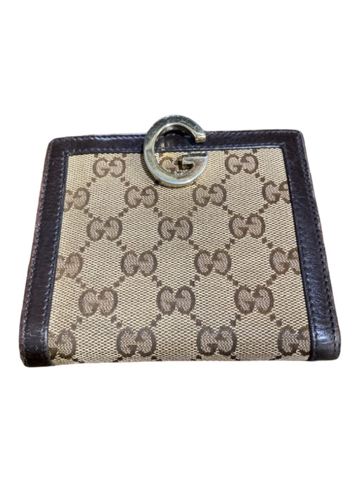 Gucci Brown & Tan Canvas Bi-Fold Leather Accents silver hardware Wallets Brown & Tan