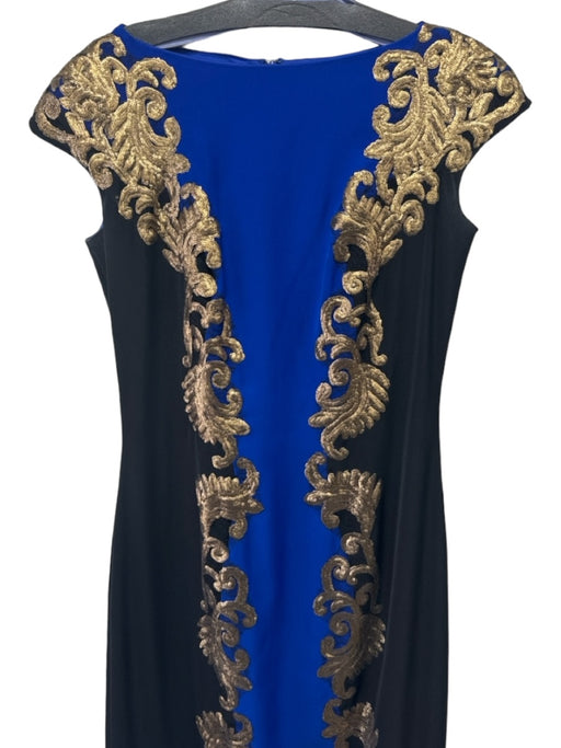 Tadashi Shoji Size 4 Black, Blue, Gold Polyester Sequin Design color block Gown Black, Blue, Gold / 4