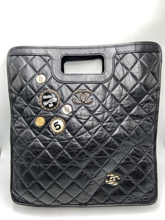 Chanel Black Leather Aged Calfskin Charms Chain Tote Bag