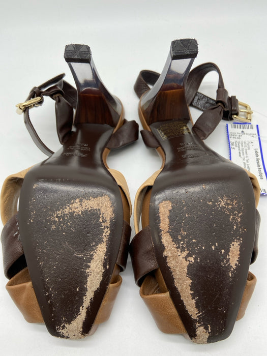 Fendi Shoe Size 36.5 Brown & Tan Leather Clear Detail Open Square Toe Pumps