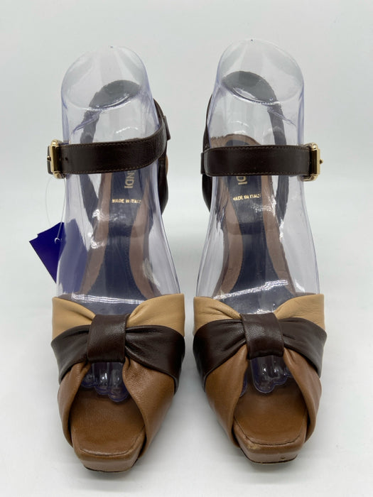 Fendi Shoe Size 36.5 Brown & Tan Leather Clear Detail Open Square Toe Pumps