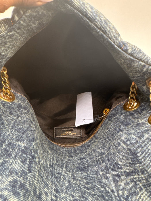 Saint Laurent Blue & Brown Textile Quilted Gold Logo Magnetic Flap Bag