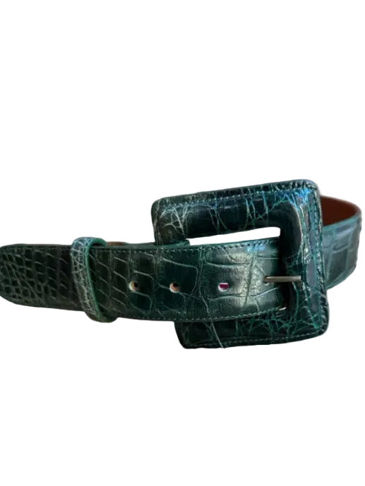 Emerald Green Leather Croc Square Buckle Belts