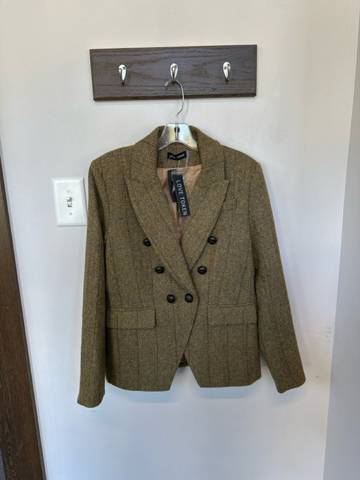 Love Token Size M Yellow & Brown Wool Blend Tweed Double Breast Blazer Jacket