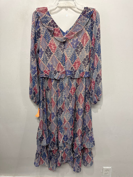 Greylin Size M Blue & Red Polyester Botanical Print Ruffle Back Zip Dress