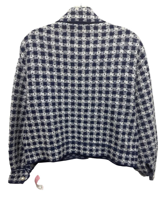 Sandro Size 0 Navy Blue & White Cotton Blend Knit Sequined Checkered Jacket