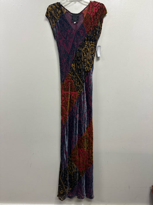 Johnny Was Size Small Blue, Red, Yellow Rayon Blend Sleeveless Velvet Midi Dress