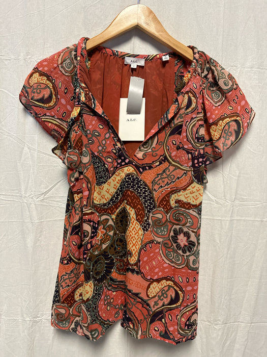 A.L.C. Size 2 Rust & Yellow Silk Short Sleeve Paisley Top