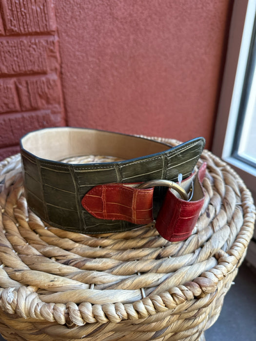 Green & Red Leather Croc Wide Gold Hardware Belts
