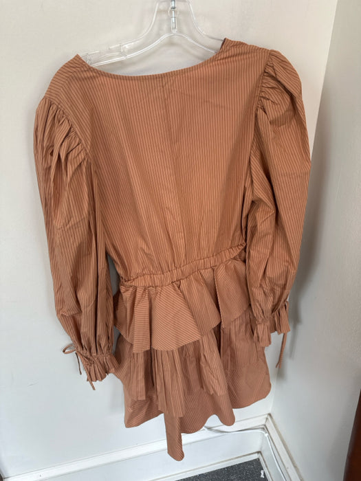 En Saison Size L Tan & brown Cotton Long Balloon Sleeve Striped Dress