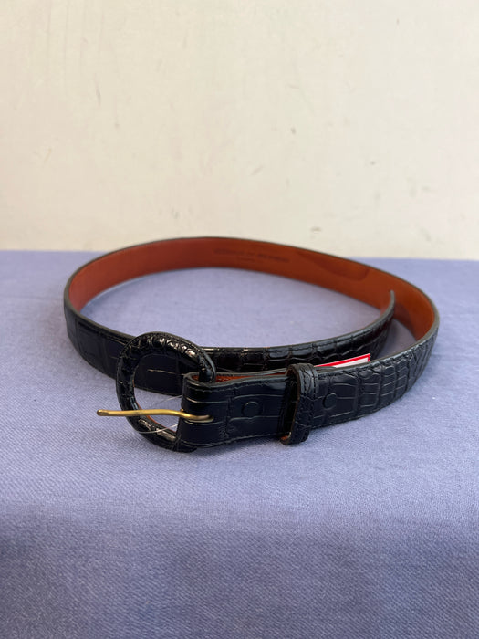 Flemings of Buckhead Black Alligator Leather Round Buckle Brass Hardware Belts
