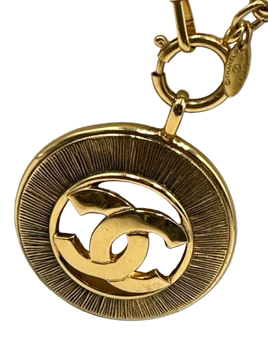 Chanel Gold Metal Chain Logo Pendant Long Chain Necklace