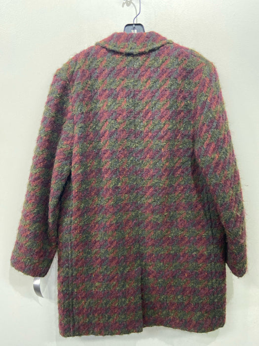 Billy Reid Size Large Petite Red, Green & Purple Wool Blend Striped Button Coat