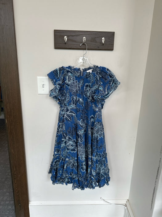 Love The Label Size L Blue 100% Cotton Floral Flutter Sleeve Tiered Dress