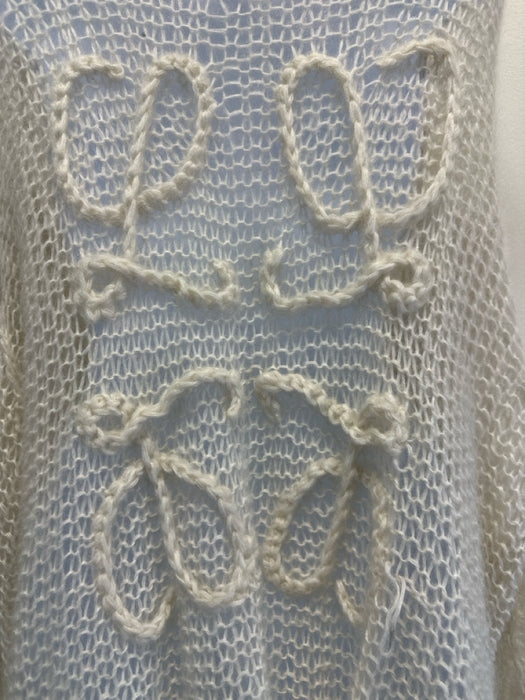 Loewe Size L Cream Mohair Blend Open Knit Back Logo Twist Detail Cardigan