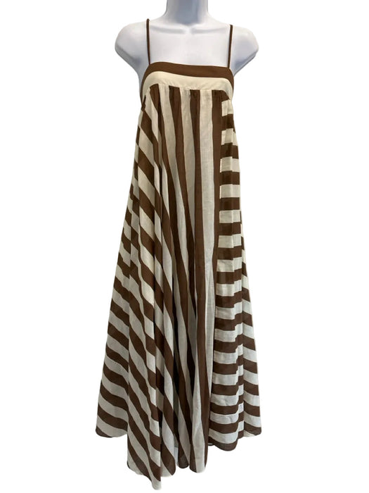 Zimmermann Size 0P Cream White & Brown Cotton Striped Spaghetti Strap Dress