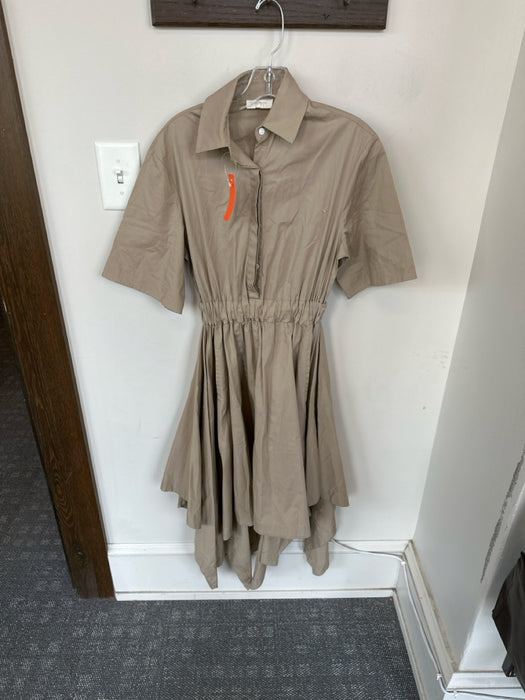 Petersyn Size Est S Tan Cotton Short Sleeve Elastic Waist Asymetric Hem Dress