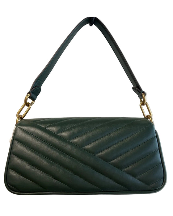 Tory Burch Army Green Leather Shoulder Bag Gold Hardware Logo Magnetic Clasp Bag