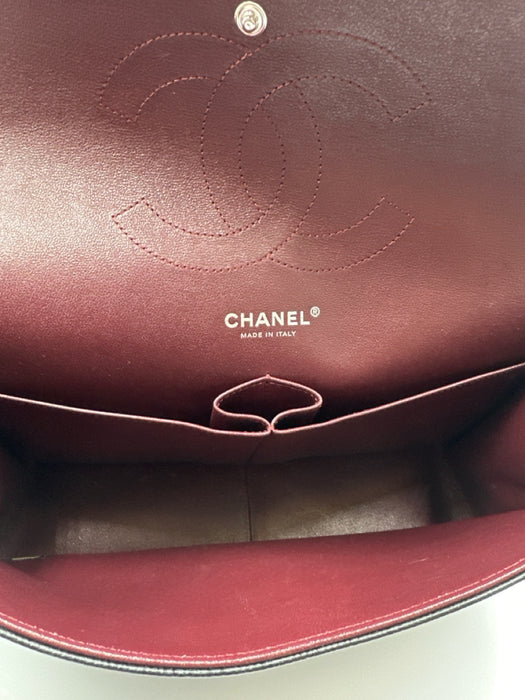 Chanel Black Caviar Leather Chain Strap Quilted Double Flap Silver hardware Bag