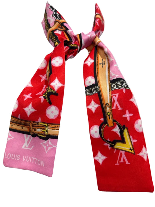 Louis Vuitton Pink, Red & Yellow Silk Monogram Bandeau Twilly scarf
