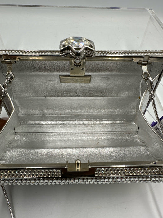 Judith Leiber Silver Rhinestone Push Clasp Bedazzled Clutch Shoulder Bag