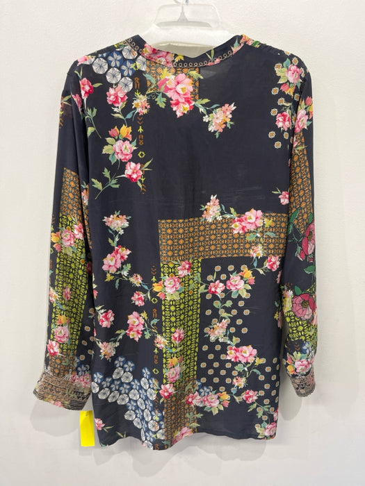 Johnny Was Size L Black & Multi Silk floral print Button Detail Top