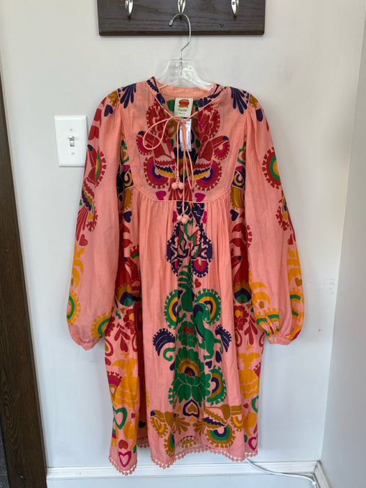 Farm Rio Size M Peach & Multi Cotton Long Balloon Sleeve Hearts Lace Trim Dress