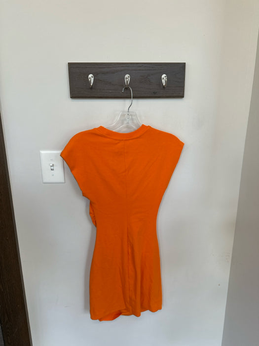 Zara Size S Orange Cotton Blend Scrunch Detail Cap Sleeve Round Neck Mini Dress