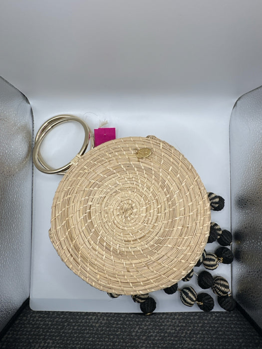 Soraya Hennessy Tan & black Straw Round Handles Circle Pom Pom Bag