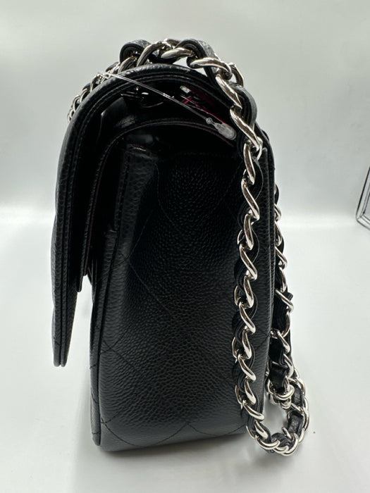 Chanel Black Caviar Leather Chain Strap Quilted Double Flap Silver hardware Bag