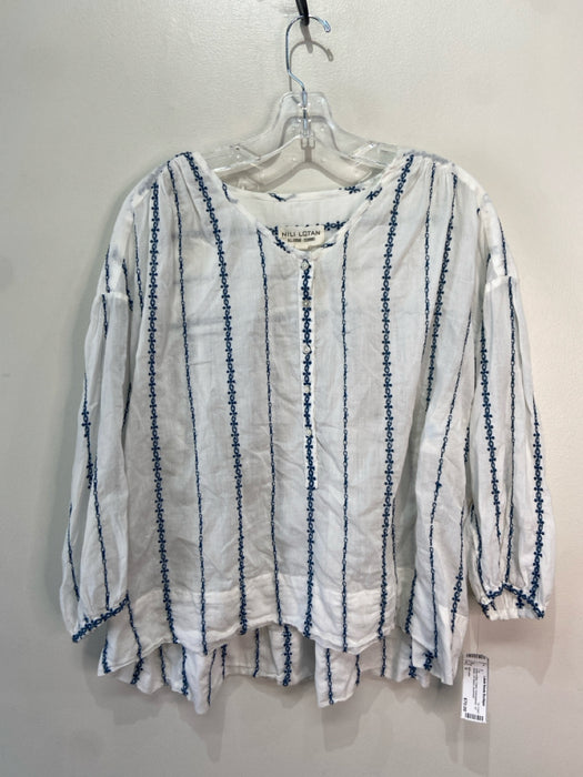 Nili Lotan Size S White & Blue Cotton Embroidered 1/2 Button 3/4 Sleeve Top