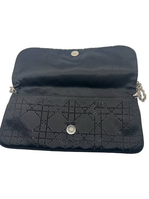 Christian Dior Black Satin Rhinestone Silver Hardware Logo Clutch Bag