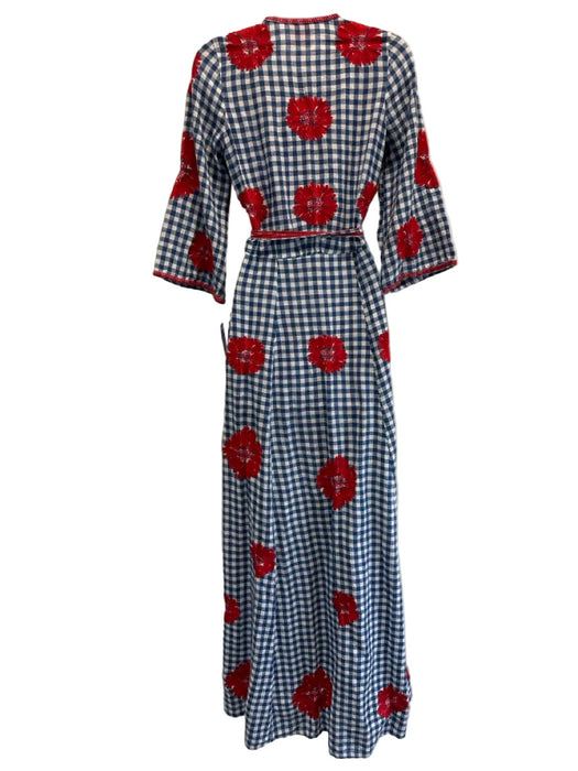 Nimo Size XS Blue, White, Red Cotton Blend 1/2 Sleeve Gingham Midi Dress